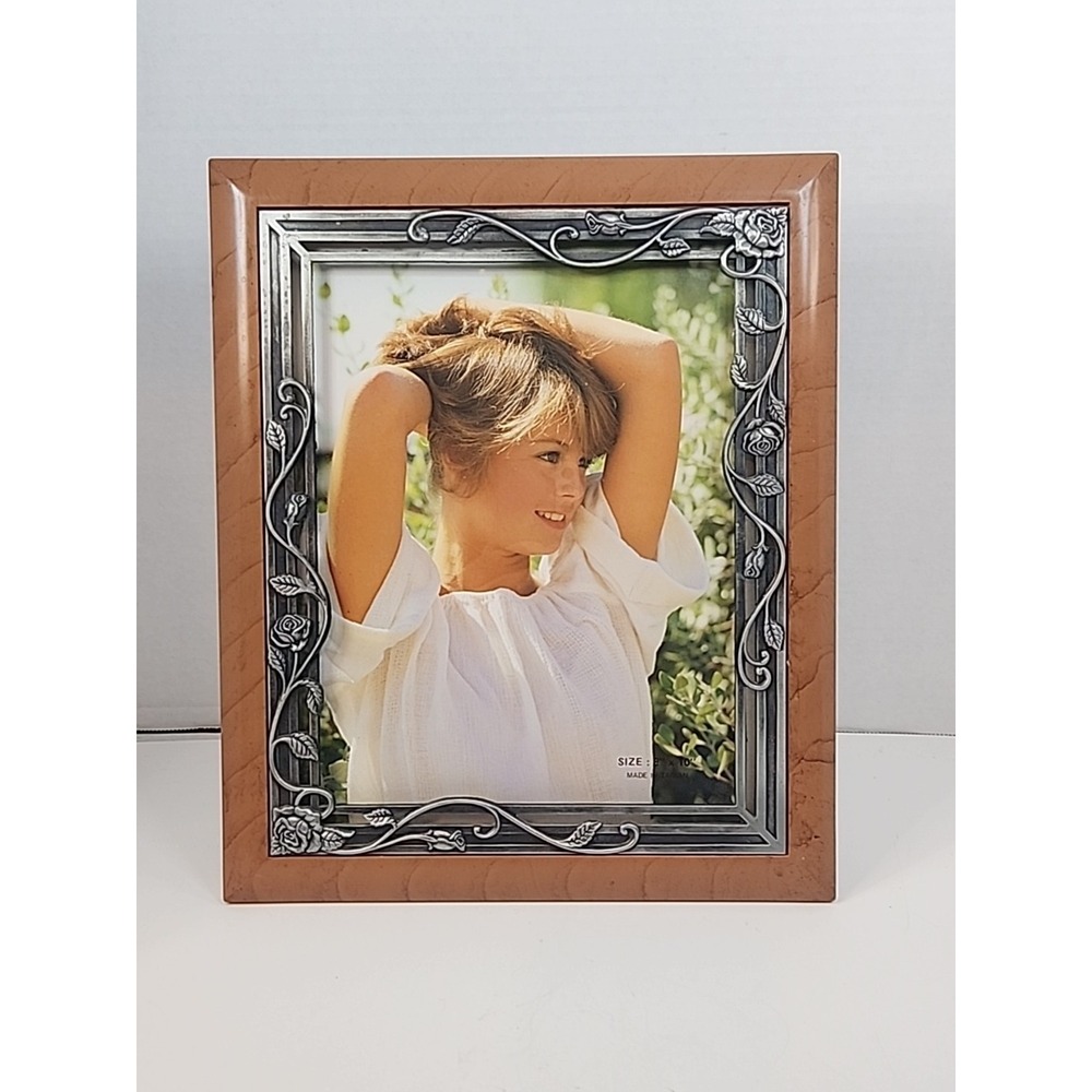 8" X 10" Faux Wood Frame W/ Pewter Colored Rose‎ Floral Scrolled Metal Interior